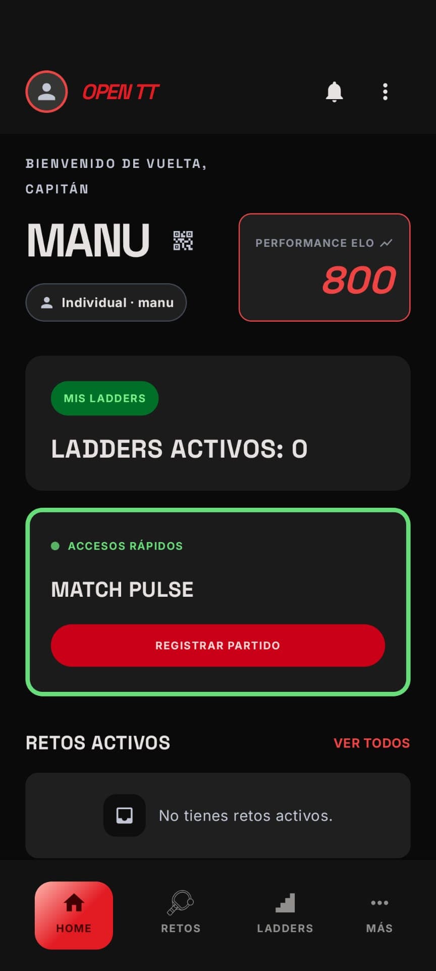 Pantalla de la app Open TT